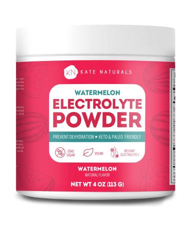 Kate Naturals Watermelon Electrolytes Powder 4oz Vegan, Instant Electrolytes, Restore Energy, Prevent Dehydration, Eliminate Cramps, Non-GMO, Keto-Friendly. Zero Sugar.