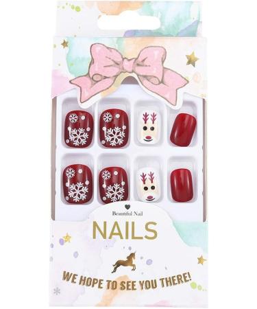 Brishow Christmas Snow Elk Press on False Nails - Red Short Square Fake Nails for Women & Girls (24pcs) - Buy Online on SooperMarket.com
