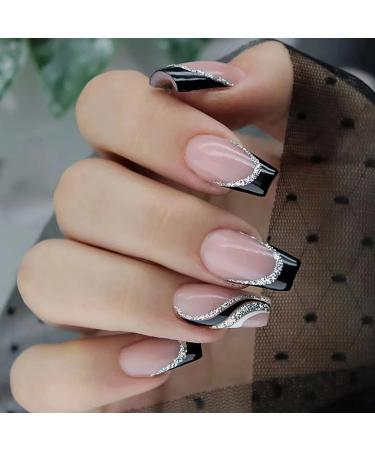 Square Press on Nails Medium Length with Designs Black French Tips Fake Nails Full Cover Acrylic Nails Line French Tips False Nails Glue on Nails for Women And Girls 24Pcs French Artificial Nails French 1