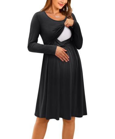 OUGES Womens V-Neck Long/Short Sleeve Casual Floral Maternity Dresses Nursing Gown Breastfeeding Dress with Pockets L Black592