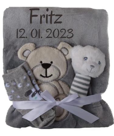 Wuff-Dogsworld Baby Blanket Embroidered with Name + Additional Baby Rattle or Baby Socks Gift Baby Baptism Birth Boy Girl