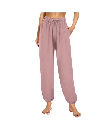 Rytejfes linen pants women summer 7/8 long white light fabric trousers Elegant stretch wide linen cotton summer pants airy short size pumphosis leisure pants 28*% pink xxl