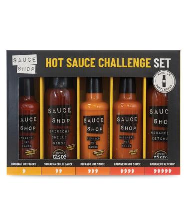 Sauce Shop Hot Sauce Challenge Gift Set - 1x Original Hot Sauce (160ml) 1x Sriracha Chilli Sauce (260g) 1x Buffalo Hot Sauce (160ml) 1x Habanero Hot Sauce (160ml) 1x Habanero Ketchup (255g)