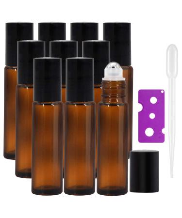 10Pcs 10ml Essential Oils Roller Bottles Glass Roll on Bottles with Stainless Steel Roller Balls Perfect for Fragrance Aromatherapy by Avatrolla (Included 1 Bottle Opener and 1 Dropper) Amber 10ML