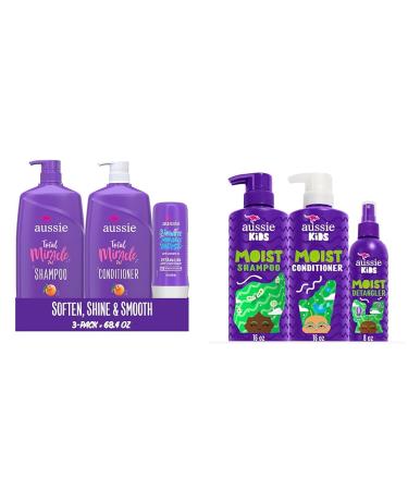 Aussie Total Miracle Shampoo Conditioner and 3 Minute Miracle Treatment Bundle Pack (1 792 mL Total) & Kids Sulfate Free Shampoo Conditioner and Detangler Bundle Paraben Free (1 186 mL Total)