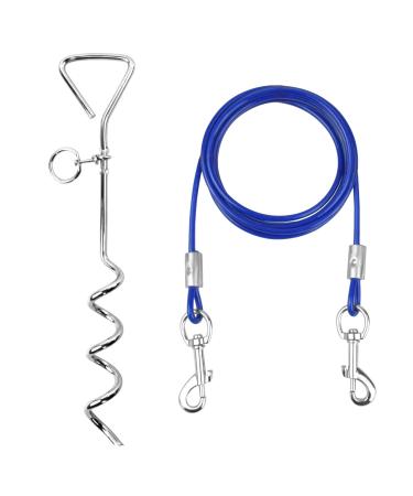 10ft Dog Tie Out Cable with 15" Spiral Ground Stake Spike for Small to Medium Dogs Up to 60 lbs for Playing Camping Outdoor Yard and Backyard in Ground (Blue)