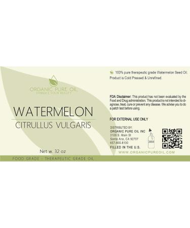 Watermelon Seed Oil - 32 oz | 100% Pure Unrefined Natural Vegan Carrier Oil for Skin, Hair & Nails | Moisturizer for Face & Body | Organically Sourced | Non GMO | Packaging May Vary - Buy Online on SooperMarket.com