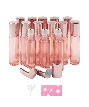 Pxyelec 14 pieces 10 ml roll on glass bottles refillable rollon bottles for oils fragrances cosmetics massages pink