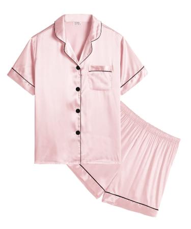 SWOMOG Kids Silk Pyjamas Girls Boys Short Sleeve Satin PJs Sets Button-Down Silky Nightwear Children Sleepwear Teens Age 4-16 4-5 Years Sakura Pink