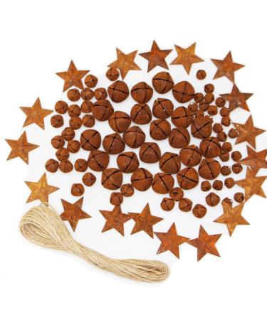 Rusty Metal Jingle Bells Kit Supplies Includes 75 Mixed Size Vintage Rusty Bells 20 Rustic Metal Star and Jute Rope Ribbon for Primitive Crafts Christmas Wreath Holiday Home Decoration (Pack of 95)