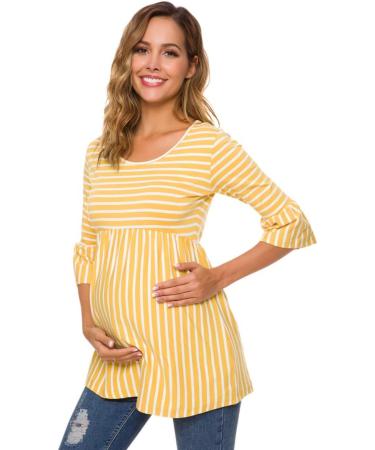 Love2Mi Women Maternity Blouse XL Yellow Stripe A Line Pregnancy Shirt with 3/4 Bell Sleeves - Buy Online on SooperMarket.com