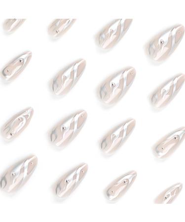 MISUD Press on Nails - Medium Almond Glossy Chrome Swirl Acrylic Stiletto - 24 pcs 3D Pearl Flash False Nails for Stunning Nail Art - Buy Online on SooperMarket.com