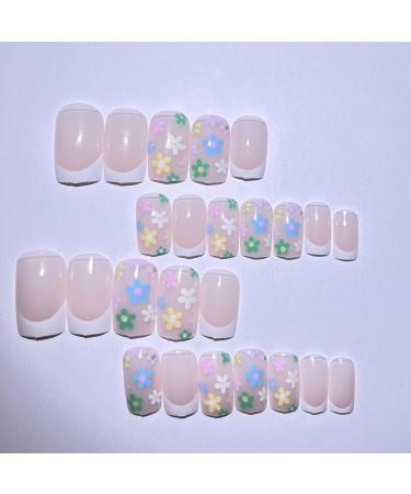 White French Multicolor Flowers Press on Nails - Coffin Stick on Nails Nails Tips Full Cover Fake Nails Glossy Nails for Women Girls DIY Nail Manicure 24 PCS False Nails 01 - Buy Online on SooperMarket.com