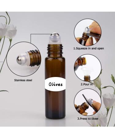 Sungwoo 12 Pack Essential Oil Roller Bottles 10ml - Amber Glass Roller Bottles with Stainless Steel Roller Balls and Caps for Travel Perfume and Lip Gloss - Buy Online on SooperMarket.com