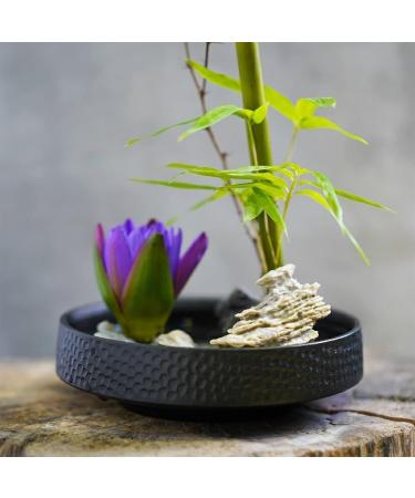 Round Flower Frog & Ceramic Flower Pot Set - Hammer-Pattern Black Ikebana Arrangement for Floral Art - Buy Online on SooperMarket.com