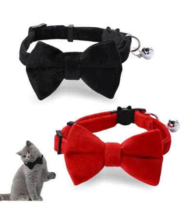 2 Pcs Velvet Bowtie Cat Collar with Bell Adjustable Breakaway Cat Collars Kitten Small Puppy Safety Bow Tie Solid Wedding Red Cat Collar for Boy Girl Cats