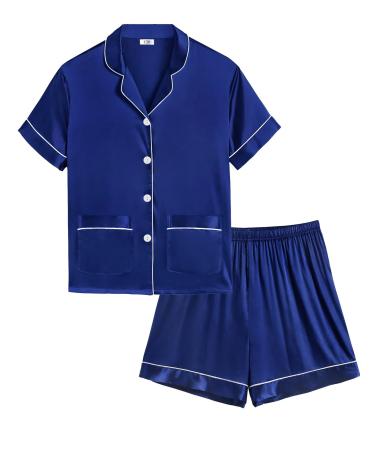 SWOMOG Kids Satin Pyjamas Sets Girls Boys Button-Down Pjs Short Sleeve Silk Nightwear 2 Piece Lounge Sets 6-7 Years Deep Navy Blue