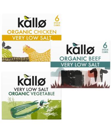 Stock Cube Bundle with Kallo Very Low Salt Beef Stock Cubes 6x8g Chicken Stock Cubes 6x8g and Vegetable Stock Cubes 6x10g (3 Pack)