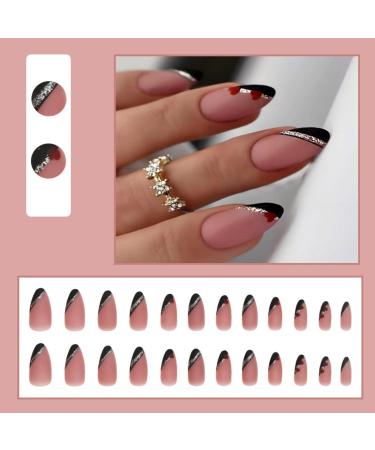 Justotry 24 Pcs Gold Swirl Stiletto False Nails Short with Heart French Press on Nails - Nail Glue Included | Almond Stick on Nails for Women - Black & Heart Design | Nail Art Fake Nails - Buy Online on SooperMarket.com