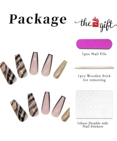Black Marble French Tip Press On Nails Long with Gold Foil - 24Pcs - Buy Online on SooperMarket.com
