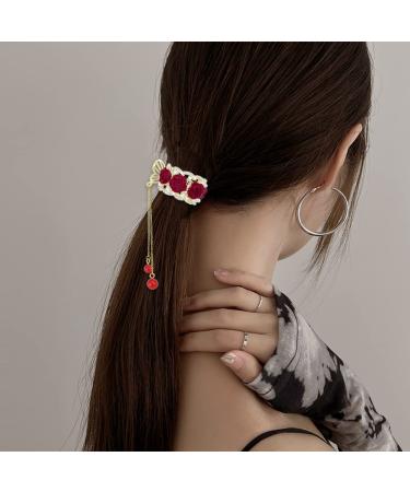 3 Pcs Rose Flower Tassel Ponytail Hair Clips | Vintage High Ponytail Hair Barrettes with Pearl Rhinestone Metal | Chinese Decorative Accessories for Bride Women Girls - Buy Online on SooperMarket.com