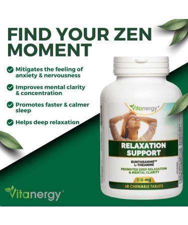 Vitanergy L-Theanine Mental Focus & Calmness - Promote Stress Anxiety Relief Relaxation and Sleep Aid - 100mg Chewable Tablets 60ct Tropical Flavor- Made in Canada - Buy Online on SooperMarket.com