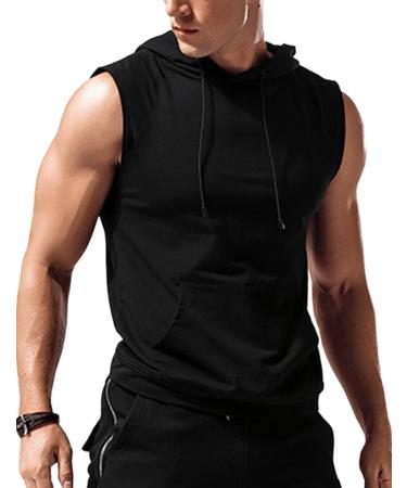 Babioboa Men's Tank Top Gym Hoodie Sleeveless Fitness Bodybuilding Hooded Sport Muscle Shirt Hoodie with Pockets Black L