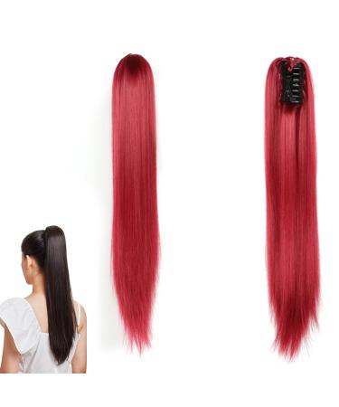 prinfantasy Halo Hair Extension Long Straight Claw on Ponytail Hair Piece Soft Pony Tail Hairpieces Synthetic Red Clip In Ponytail Hair Extensions MW178 GBMW178 22 inch