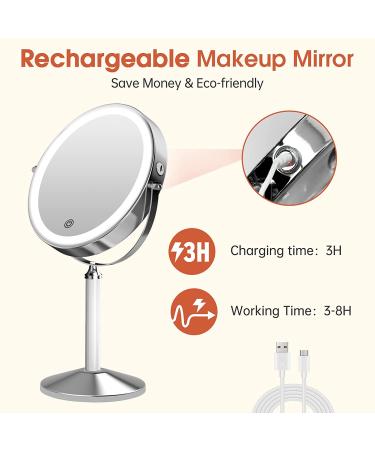 Rechargeable 8 inch Lighted Makeup Mirror with 10X Magnification - 2-Sided Vanity Mirror with Dimmable LED Lights - 360 Degree Adjustable Silver Finish - Buy Online on SooperMarket.com