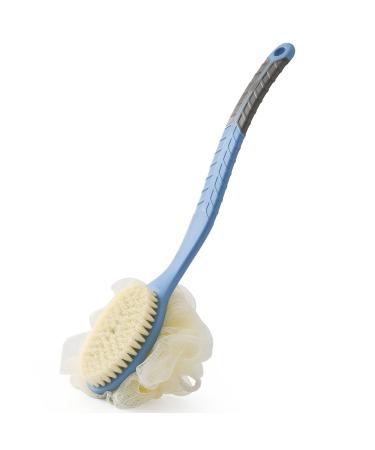 [2nd Generation] Shower Body Brush with Bristles and Loofah,Back Scrubber Bath Mesh Sponge with Curved 16" Long Non-Slip Handle Skin Exfoliating Massage Suitable for Men and Women (Blue)