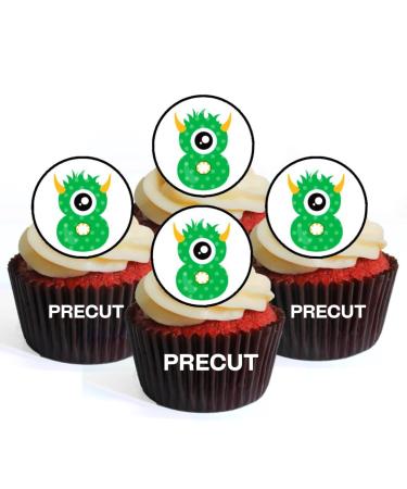 PRECUT Monster 8th Birthday Edible Cupcake Toppers - Monster Numbers Theme Premium Thickness SWEETENED VANILLA - wafer card disc cake decorations (Pack of 12)