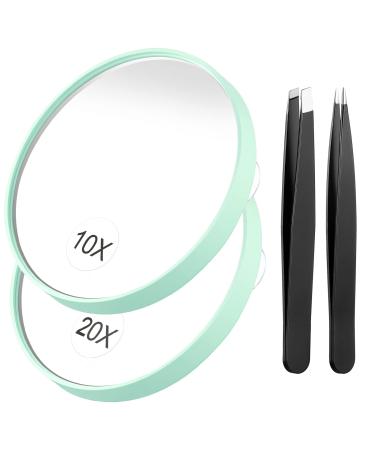 Funtopia Magnifying Mirror and Tweezers Kit 20X/10X Magnifier Compact Mirrors with 2 Suction Cups Travel Mirror for Makeup Eyebrow Tweezing Blackhead Blemish Removal (3.5 Inch Green)