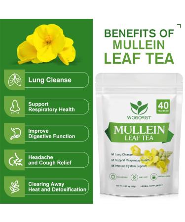 Mullein Tea Bags - Natural Lung Cleanse and Respiratory Support - 40 Caffeine-Free Tea Bags - Buy Online on SooperMarket.com