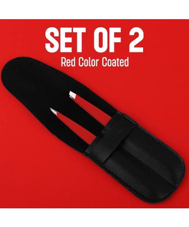 Professional Stainless Steel Precision Tweezers Set - 2 Pcs for Eyebrows, Ingrown Hair, Facial Hair Removal - Red - Buy Online on SooperMarket.com