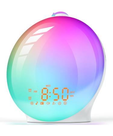 RGB dynamic light alarm clock day light alarm rotary switch Wake Up Light sunrise sunset simulation 14 color light 7 natural noises & radio 2 alarms slumber function 20 brightness white