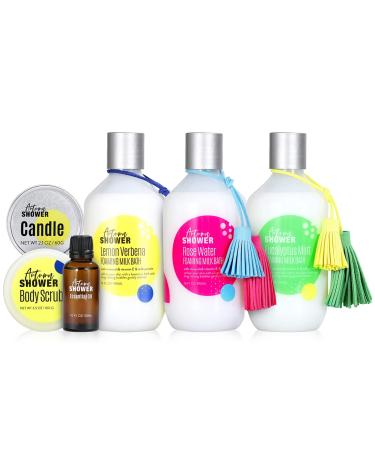 Autumn Shower Bubble Bath Set - Rose Water, Lemon, and Eucalyptus Mint Milk Bath with Essential Oil, Scented Candle, and Body Scrub - Natural Bubble Bath for Kids and Adults with Epsom Salt 6 Pack