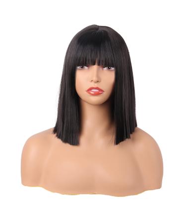 MapofBeauty 12 Inch/30 cm Straight Bob Flat Bangs Short Colorful Synthetic Hair Cosplay Party Wig (Black)