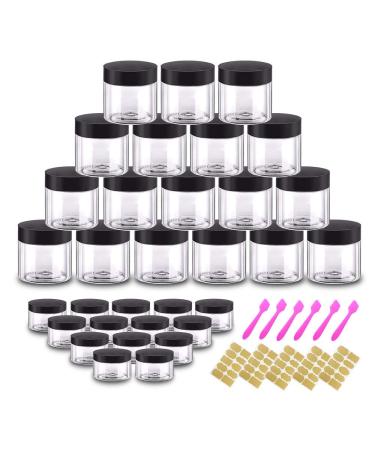 2oz Plastic Jars Round Cosmetic Containers with Lids | 20 Gram Clear Small Sample Containers (Set of 48) for Cream, Body Butter, Eye Shadow, Rhinestone, Lip Scrub, Travel - Free Labels & Spatulas 2oz+0.7 Ounce Black Lid