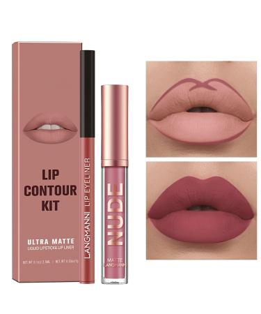 MIELIKKI 2Pcs Matte Liquid Lipstick and Lip Liner Set  One Step Lips Makeup Kit  Non-Stick Cup Lip Gloss + Lip Liner Pen  High Pigmented  Waterproof  Long-Lasting  03 03