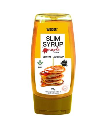 Weider Slim Syrup Maple. Maple Flavoured Syrup. for Delicious Recipes. Pancake Syrup. 100% Vegan. 0% Fat. Low in Calories. No Added Sugar. 350 g.