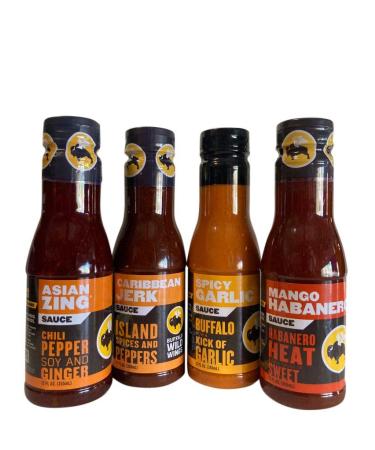 Buffalo Wild Wings Hot N' Spicy Variety Bundle: Asian Zing, Caribbean Jerk, Spicy Garlic, Mango Habanero -- 12 Ounces Each