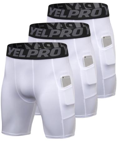 Compression Shorts Men 3 Pack Dry Fit Compression Underwear Spandex Running Shorts Mens Workout Athletic Short Pocket White*3 Small