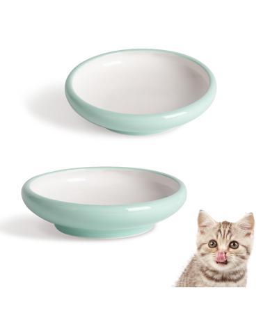 ComSaf Ceramic Cat Feeding Bowl Wide Shallow Cat Food Water Dish Whisker Friendly Design Whisker Fatigue Free shallow cat bowl Non Spill Pet Bowl 300ML Pack of 2 Green Green*2