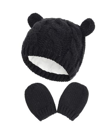 XYIYI Newborn Baby Winter Beanie Hat Mitten Set Infant Toddler Warm Knitted Hat Glove Set for Boys Girls 3-6 Months Black