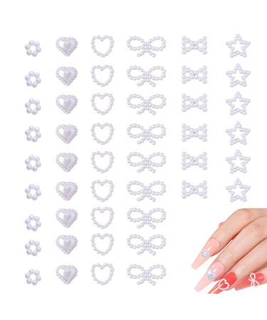 Pearl Nail Charms 200 Pcs White Pearls Nail Art Charms 3D Love Heart Star Flower Bow Nail Art Decorations for Nail Art Design DIY Crafting (White)