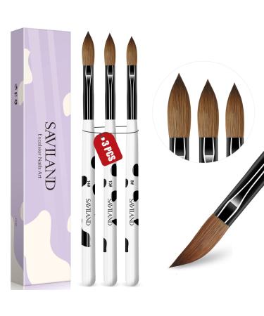 Saviland 3pcs Acrylic Nail Brush Set, Size 8/10/14 Kolinsky Acrylic Nail Brushes for Acrylic Application, Nail Extension with Black & White Handle for Beginner & Professional
