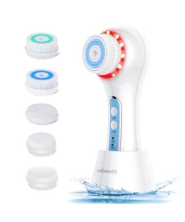 FreeBreath Facial Cleansing Brush, IPX7 Waterproof Face Scrubber with 3 Speed Modes, Face Brushes for Cleansing and Exfoliating with 5 Brush Heads, Removing Blackhead, Fully Rechargeable (Light Blue) 2.Light Blue