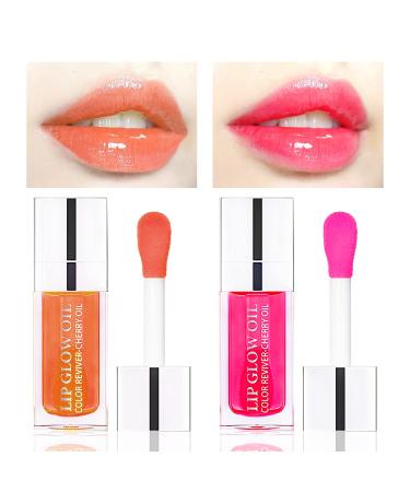 2 PCS Plumping Lip Oil  Hydrating Lip Gloss  Moisturizing Lip Oil Gloss Transparent Plumping Lip Gloss  Long Lasting Nourishing Non-sticky  Big Brush Head Glitter Shine Lip Glow Oil Primer Lip Tint