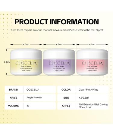 Coscelia 8G Clear Acrylic Powder French Nail Art Powder System for Acrylic Nails Extension DIY at Home Long-Lasting No Needed Nail Lamp Cured - Buy Online on SooperMarket.com
