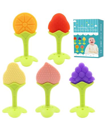 5 PCS Baby Teething Toys  Bagvhandbagro Soft Fruit Teething Toys for Babies 0-6 Months 6-12 Months  Silicone Baby Teethers Stick Freezer Safe for Infants and Toddlers